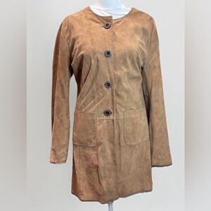 Chic Tan Retro Suede Leather Jacket with Button Detail